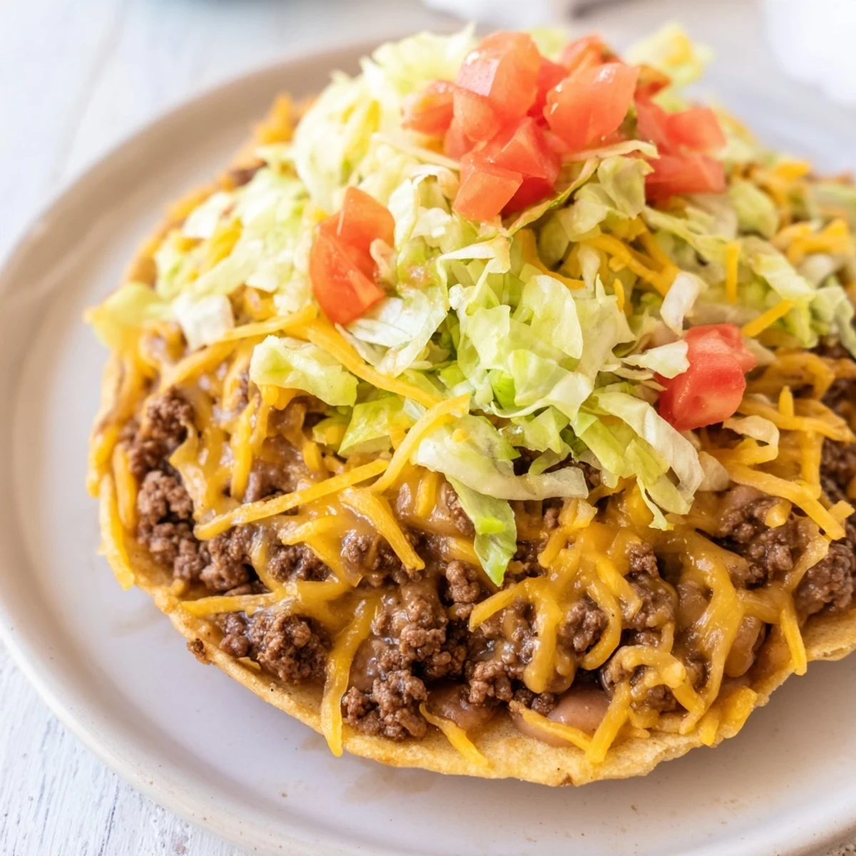 Golden, crunchy corn tostadas layered with savory spiced beef and creamy refried beans.