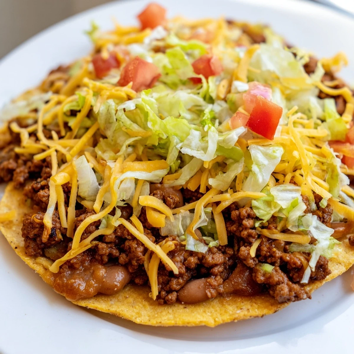Melty cheddar cheese blankets these hearty beef tostadas topped with fresh lettuce and pico de gallo.