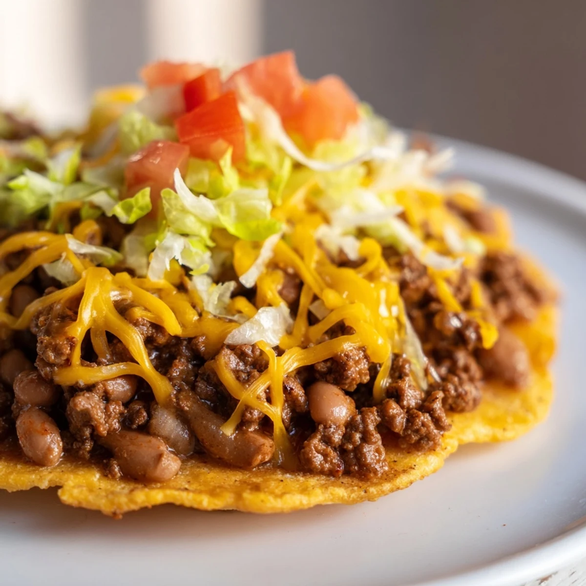 Crispy homemade tostadas loaded with seasoned ground beef, refried beans, and vibrant toppings for a family-friendly Mexican dinner.