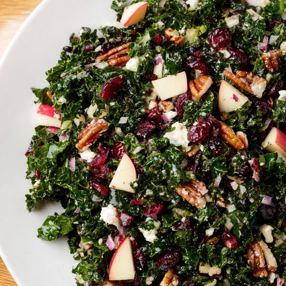 Served Winter Kale Salad with Cranberries ready to eat, featuring vibrant greens and nuts, perfect for a healthy lunch.