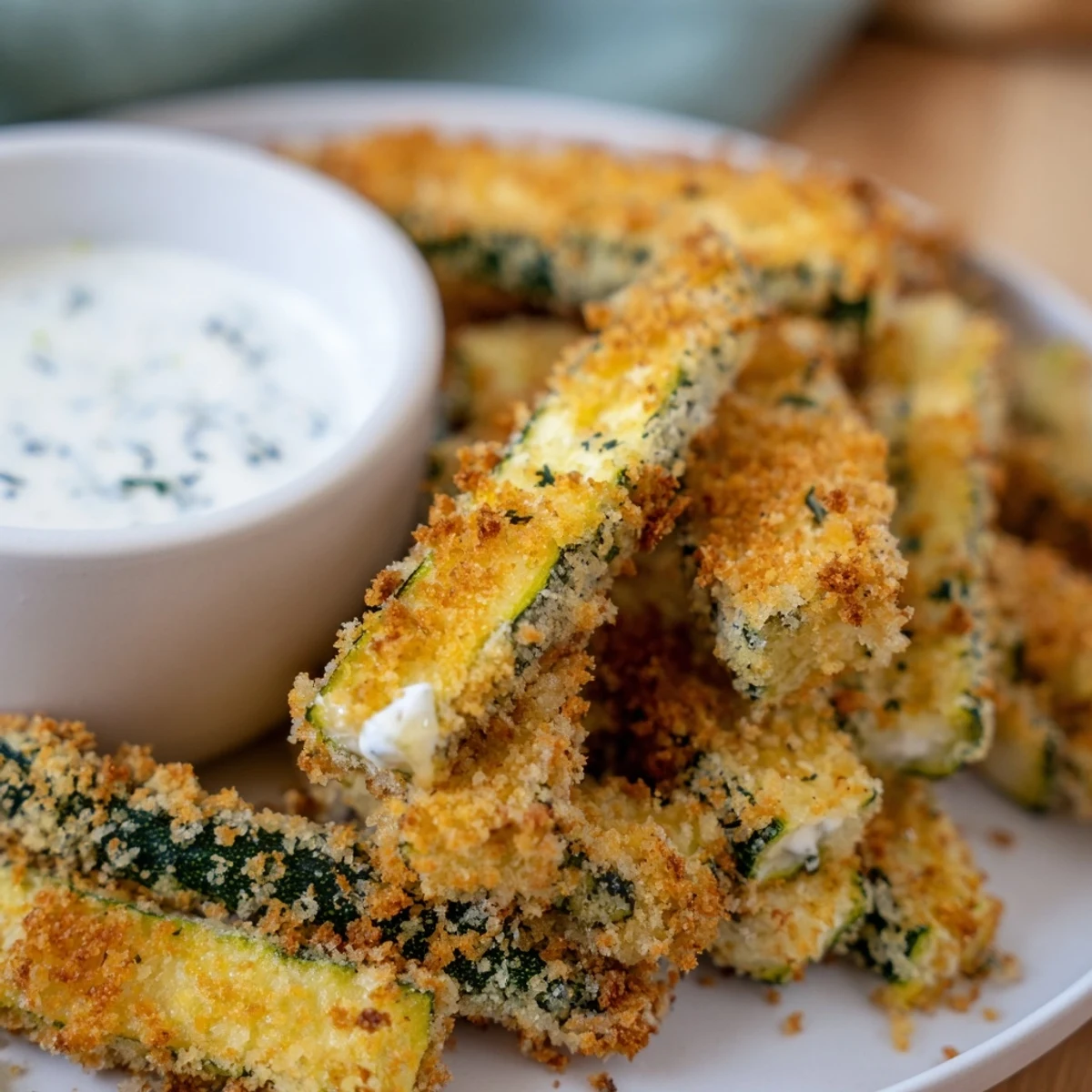 Golden Crispy Zucchini Fries with Ranch dip on a white plate with fresh herbs.