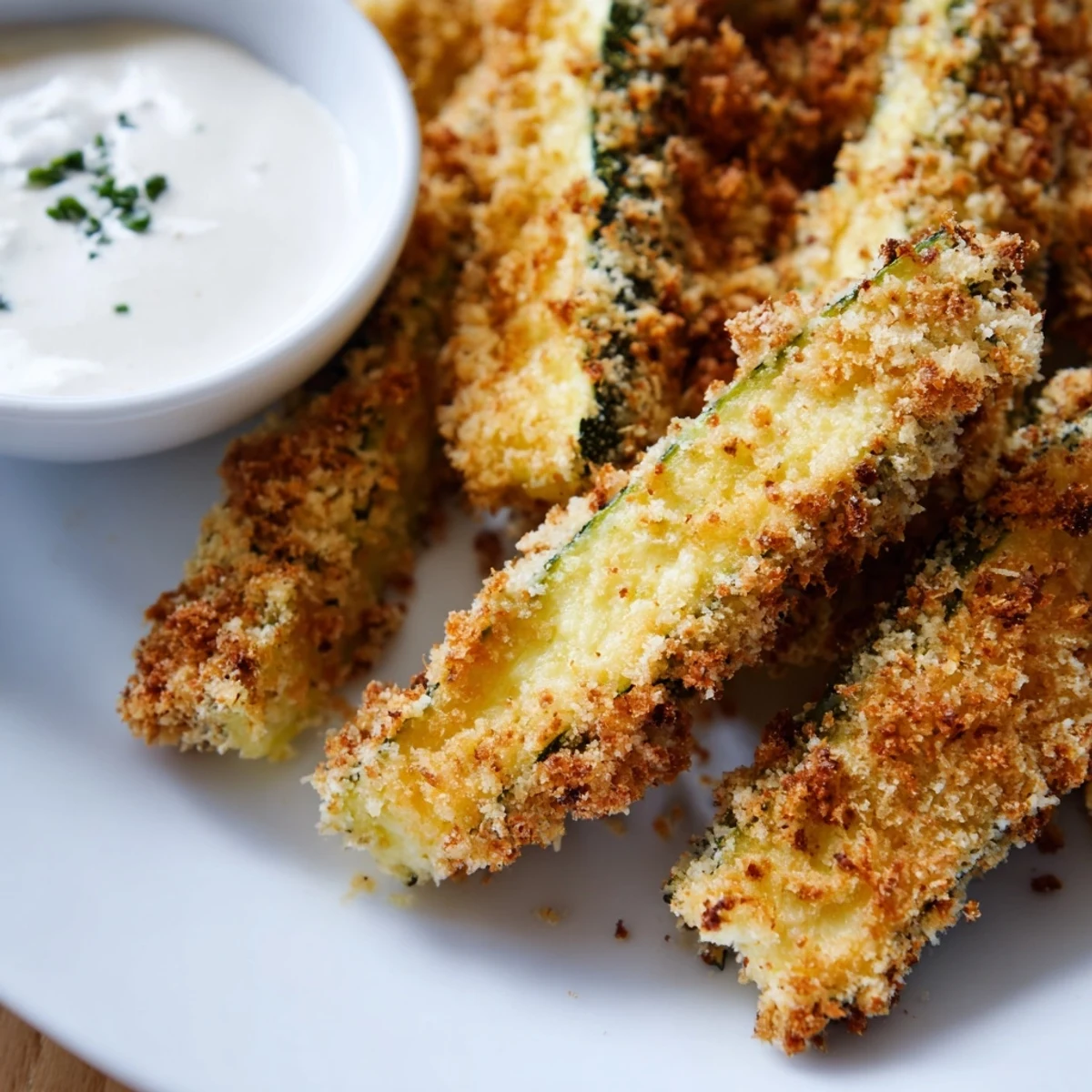 Oven-baked Crispy Zucchini Fries with Ranch on a wooden board, ideal for a vegetarian appetizer.