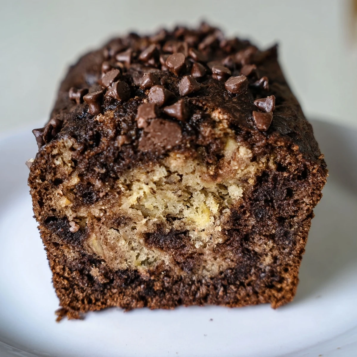 Freshly baked Chocolate Banana Muffins cooling on a wire rack, overflowing with melted chocolate chips.