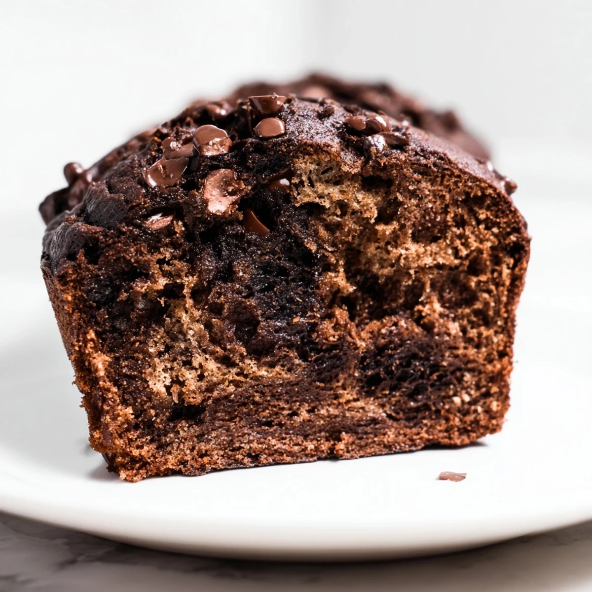 Moist Chocolate Banana Muffins with melty chocolate chips served on a rustic wooden breakfast table.