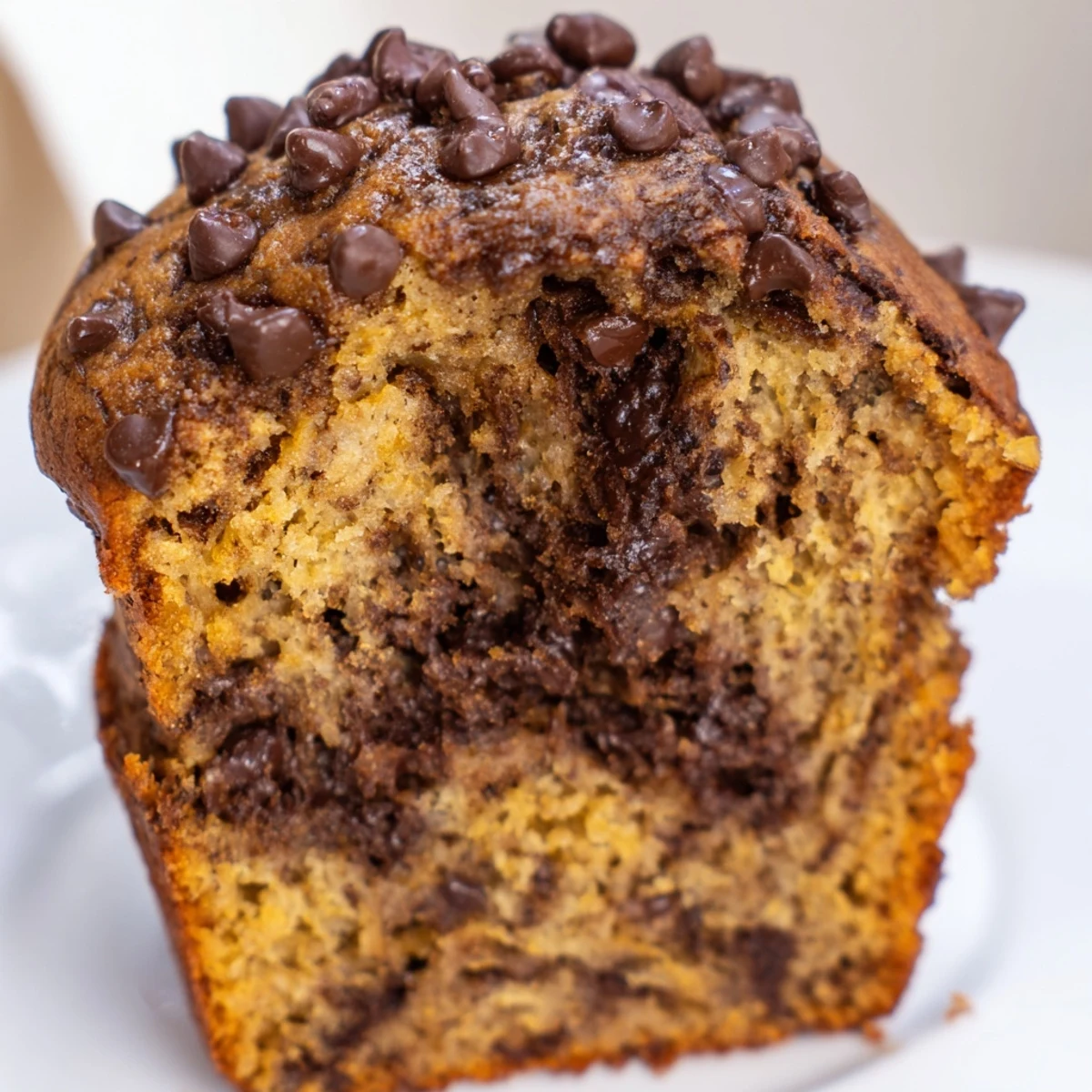 Golden-brown Chocolate Banana Muffins with cracked tops, ready to enjoy as a sweet snack.