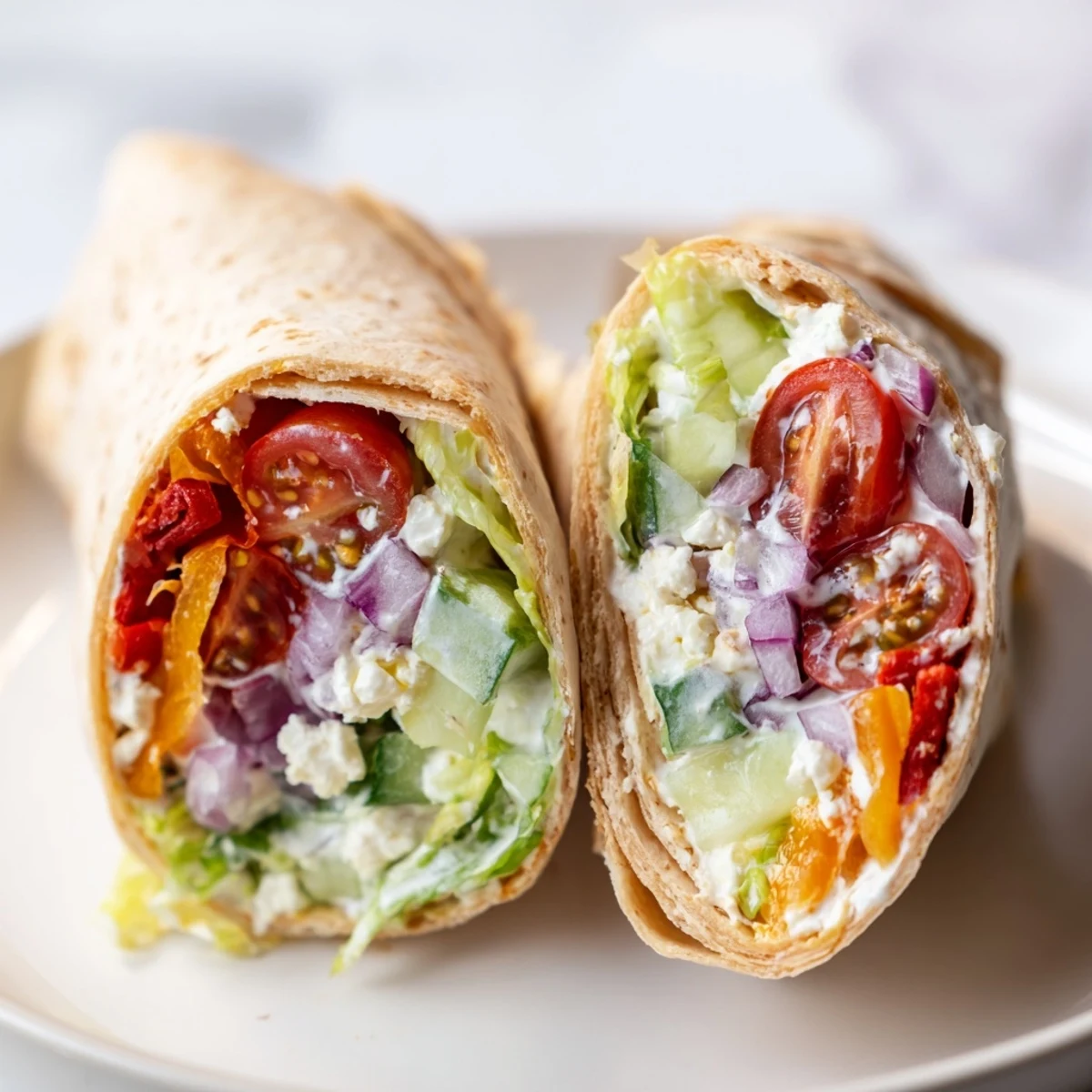 Golden-brown Mediterranean Wrap with Feta sliced in half, revealing vibrant cherry tomatoes, cucumber, and creamy crumbles.