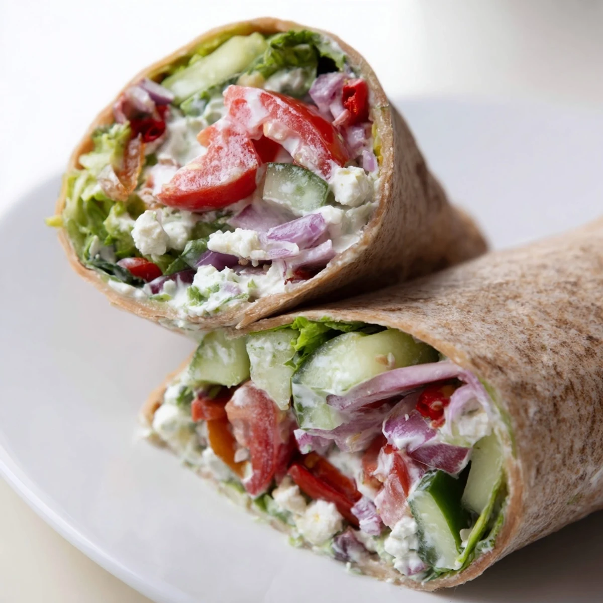 Savory Mediterranean Wrap with Feta displayed beside a colorful salad, ready for a quick vegetarian lunch or dinner.