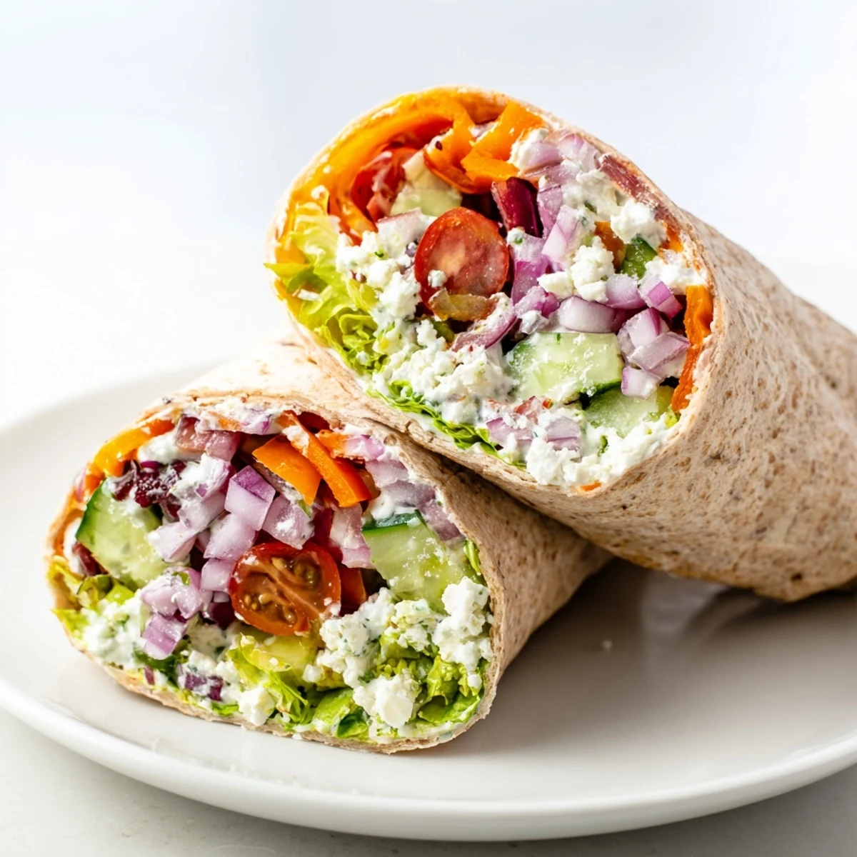 Freshly rolled Mediterranean Wrap with Feta on a plate, surrounded by crisp romaine and tangy yogurt dressing ingredients.