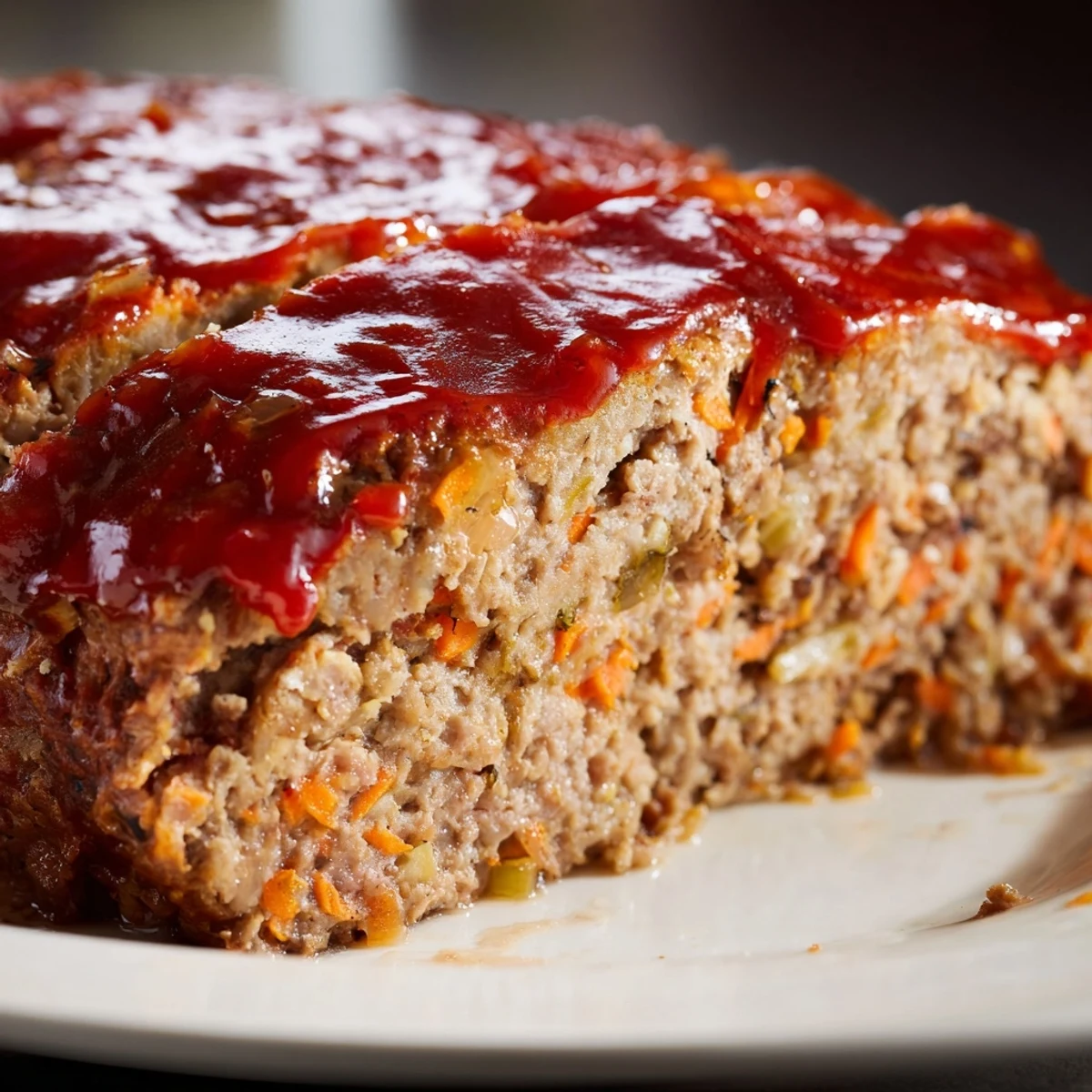 Golden-brown Turkey Meatloaf with Ketchup glaze, sliced to show a moist, juicy interior with visible bits of vegetables, served on a white platter.