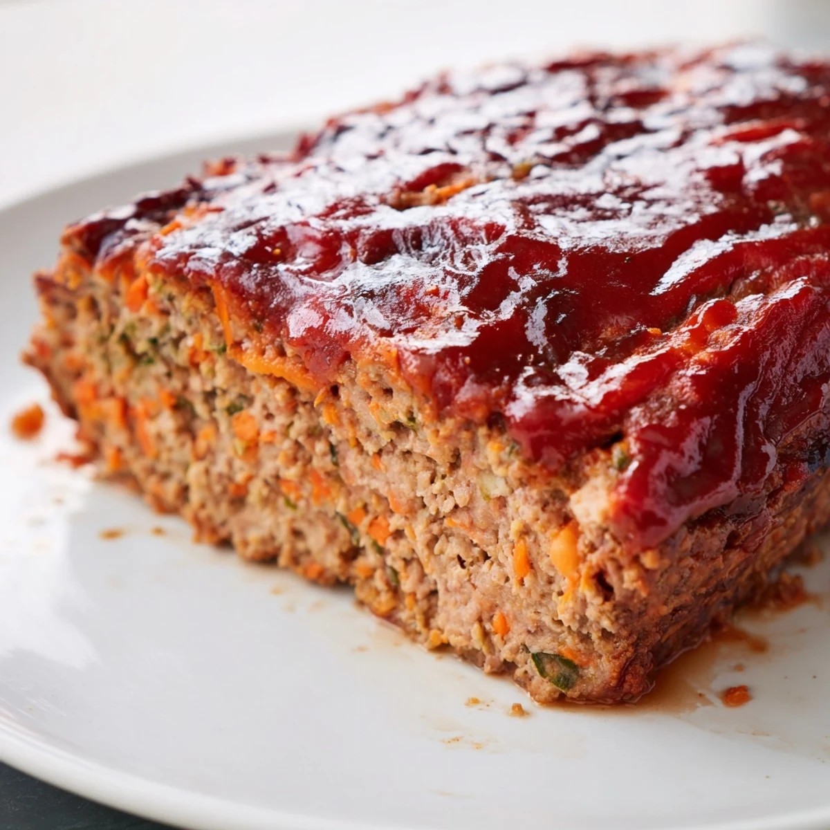 Freshly baked Turkey Meatloaf with Ketchup glaze resting on a wooden board, glistening with a tangy, caramelized top, ready for a comforting weeknight dinner.