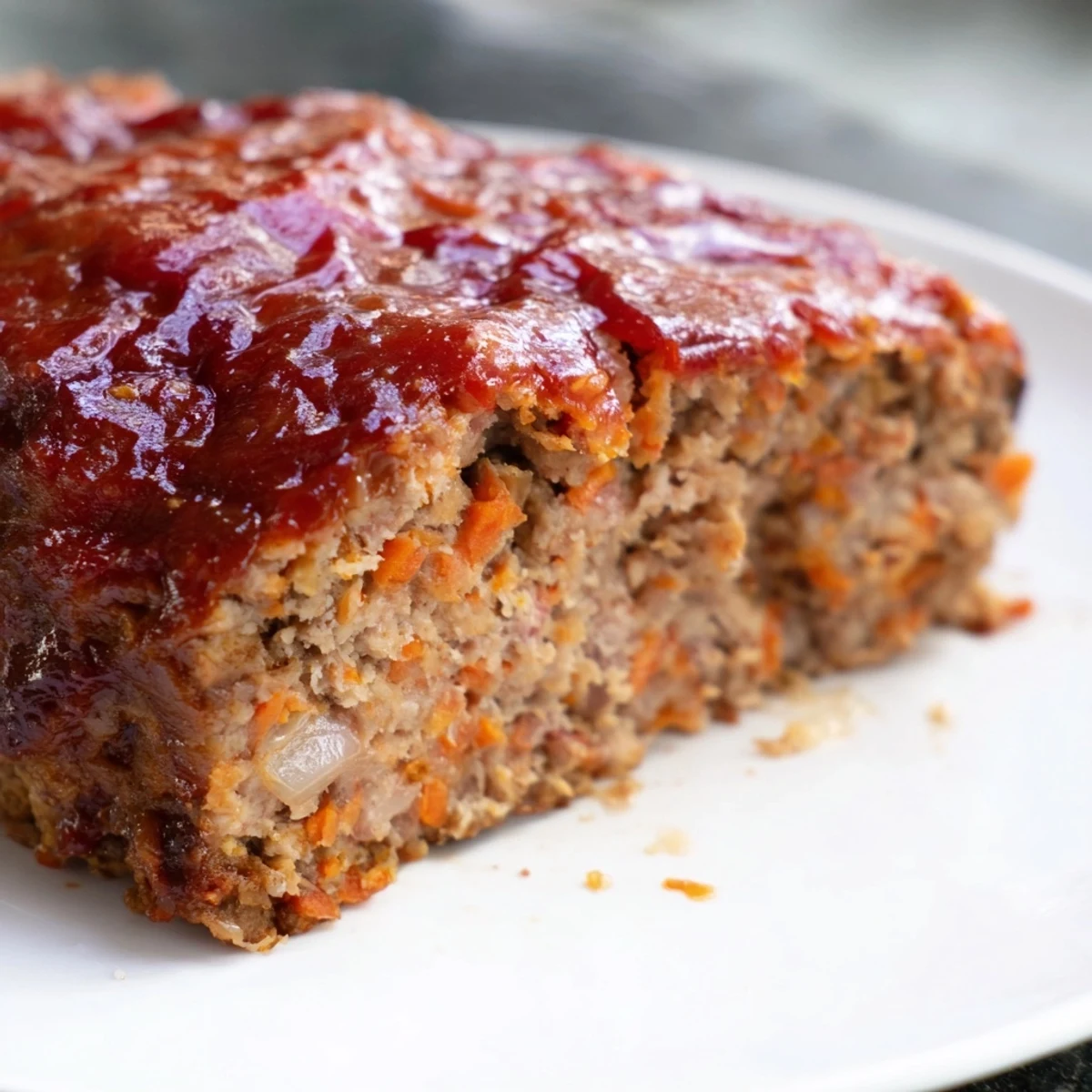 Close-up of Turkey Meatloaf with Ketchup glaze showing a thick, bubbly sauce and a fork slicing a tender piece, paired with mashed potatoes.
