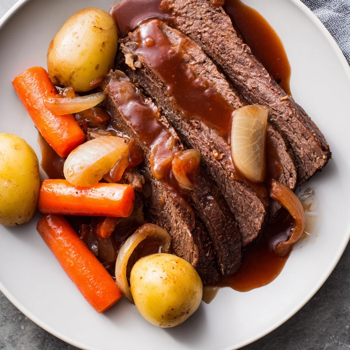 Slow Cooker Pot Roast with Carrots is plated with tender beef, roasted carrots, and savory gravy.