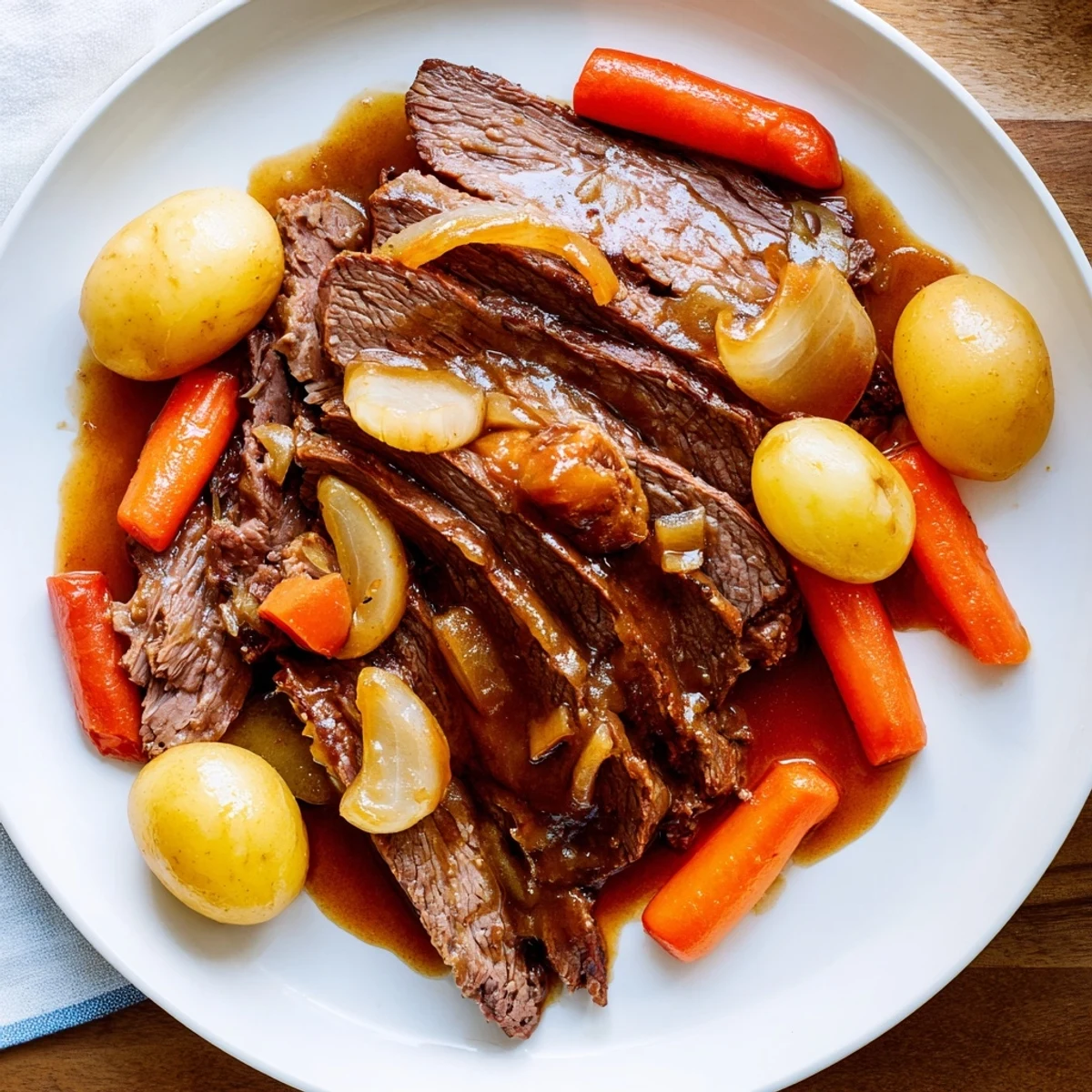 A serving of Slow Cooker Pot Roast with Carrots is spooned over creamy mashed potatoes.