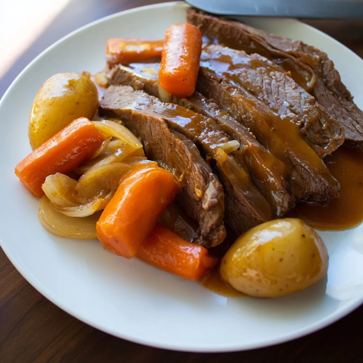 Golden Slow Cooker Pot Roast with Carrots sits beside potatoes and rosemary sprigs, steam rising.