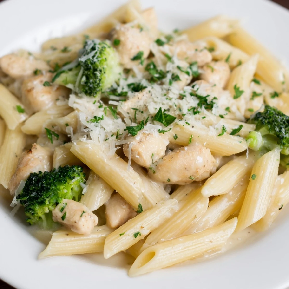 Creamy Broccoli Pasta with Chicken in a white bowl, garnished with fresh parsley and Parmesan, ready to serve.