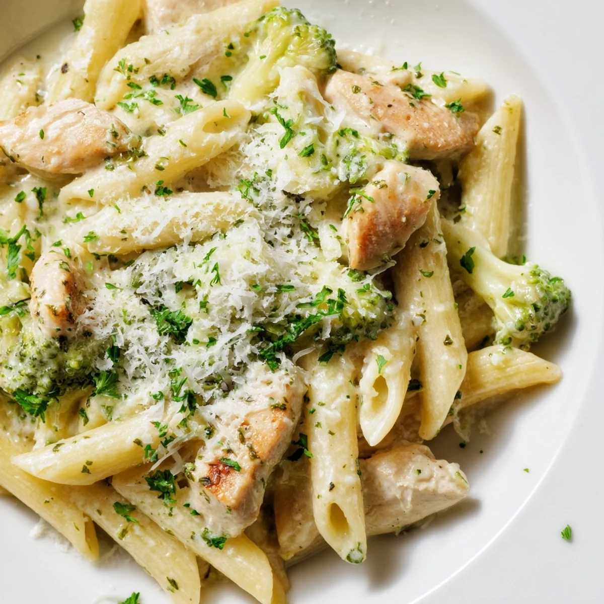 Hearty Creamy Broccoli Pasta with Chicken tossed with penne and green florets, steaming in a rustic skillet.