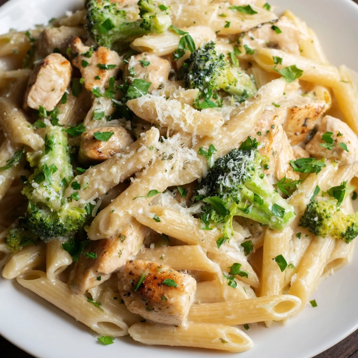 Close-up of Creamy Broccoli Pasta with Chicken showing tender chicken and a velvety sauce coating the noodles.