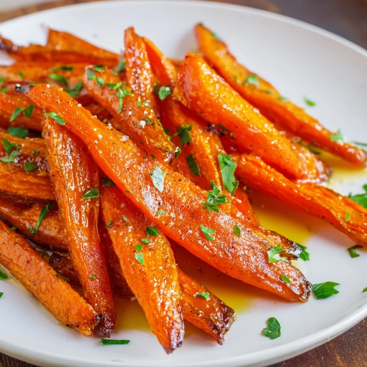 Sweet roasted carrots with maple glaze roast beside chicken, fresh parsley garnish adding bright flavor for dinner.