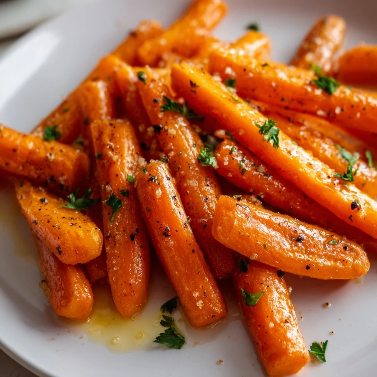 Roasted carrots with maple glaze on a rustic platter, drizzled glaze glistening, ready to enjoy warm as a side.