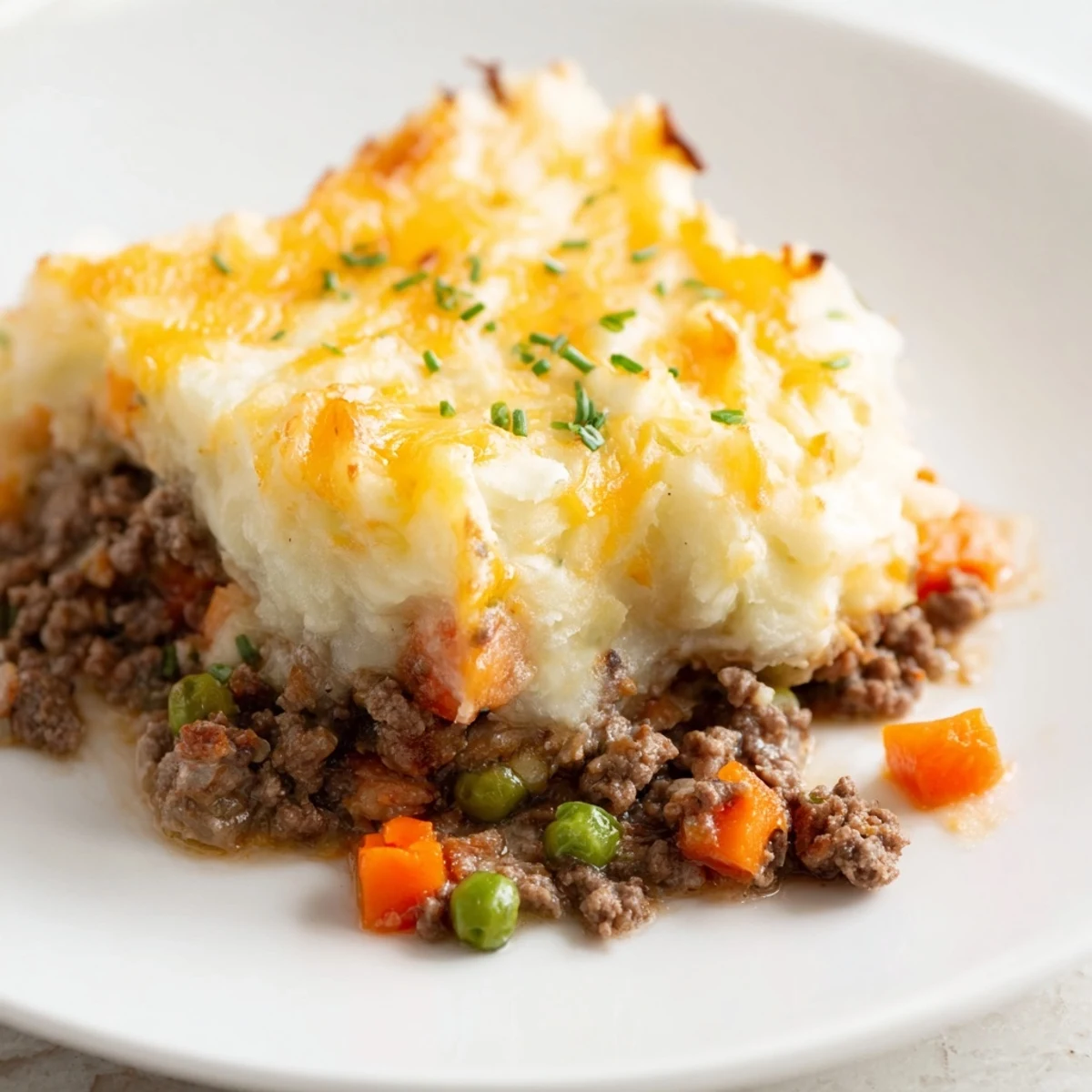 Golden, bubbling cheddar mash topping covers a hearty beef and vegetable filling in a casserole dish for Beef Shepherds Pie.