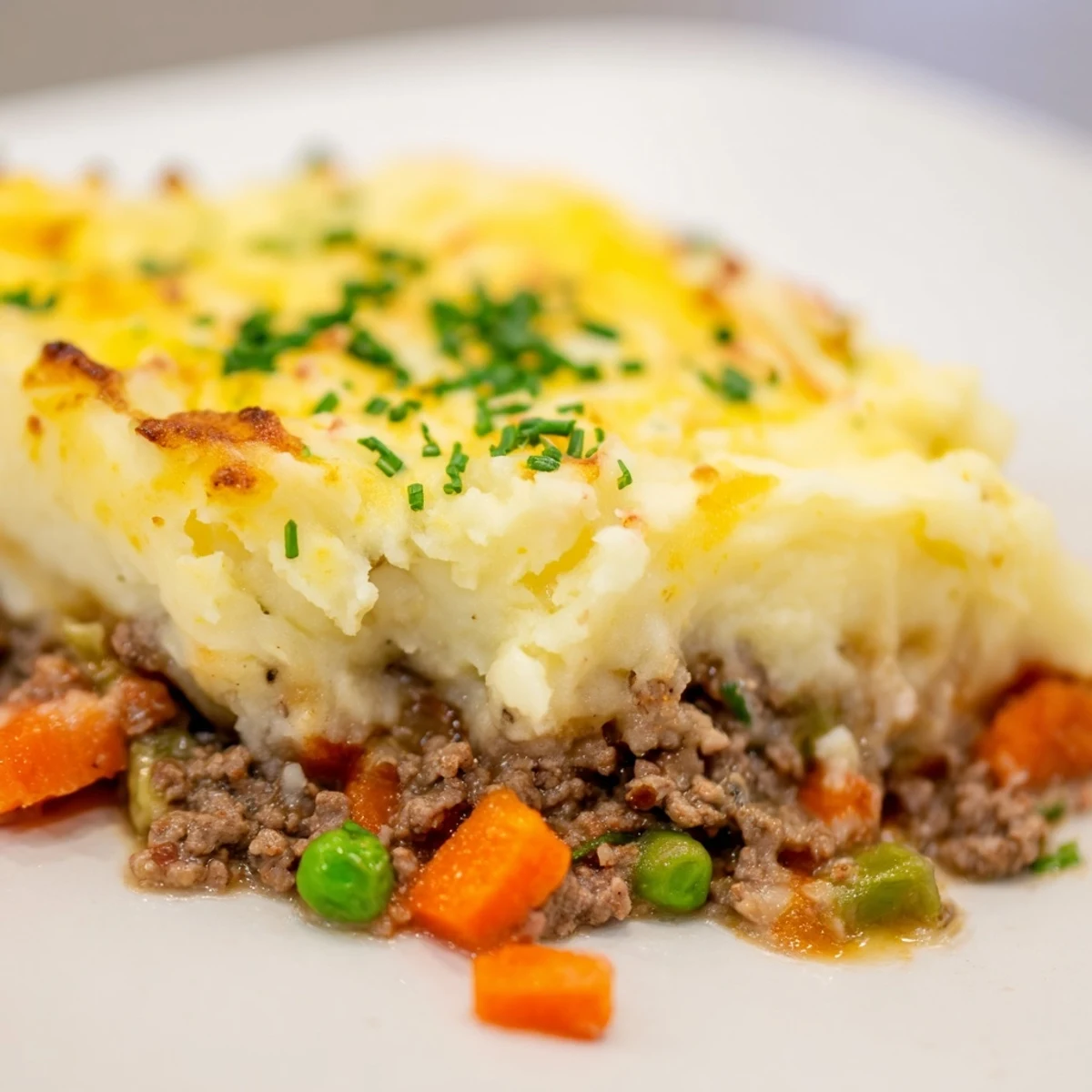 Comfort food classic Beef Shepherds Pie with golden crust, fresh parsley garnish, and steam rising from the rich filling.