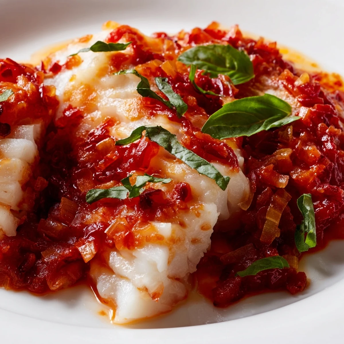 Perfectly baked cod fillets spooned with a vibrant tomato basil sauce, garnished with fresh basil.