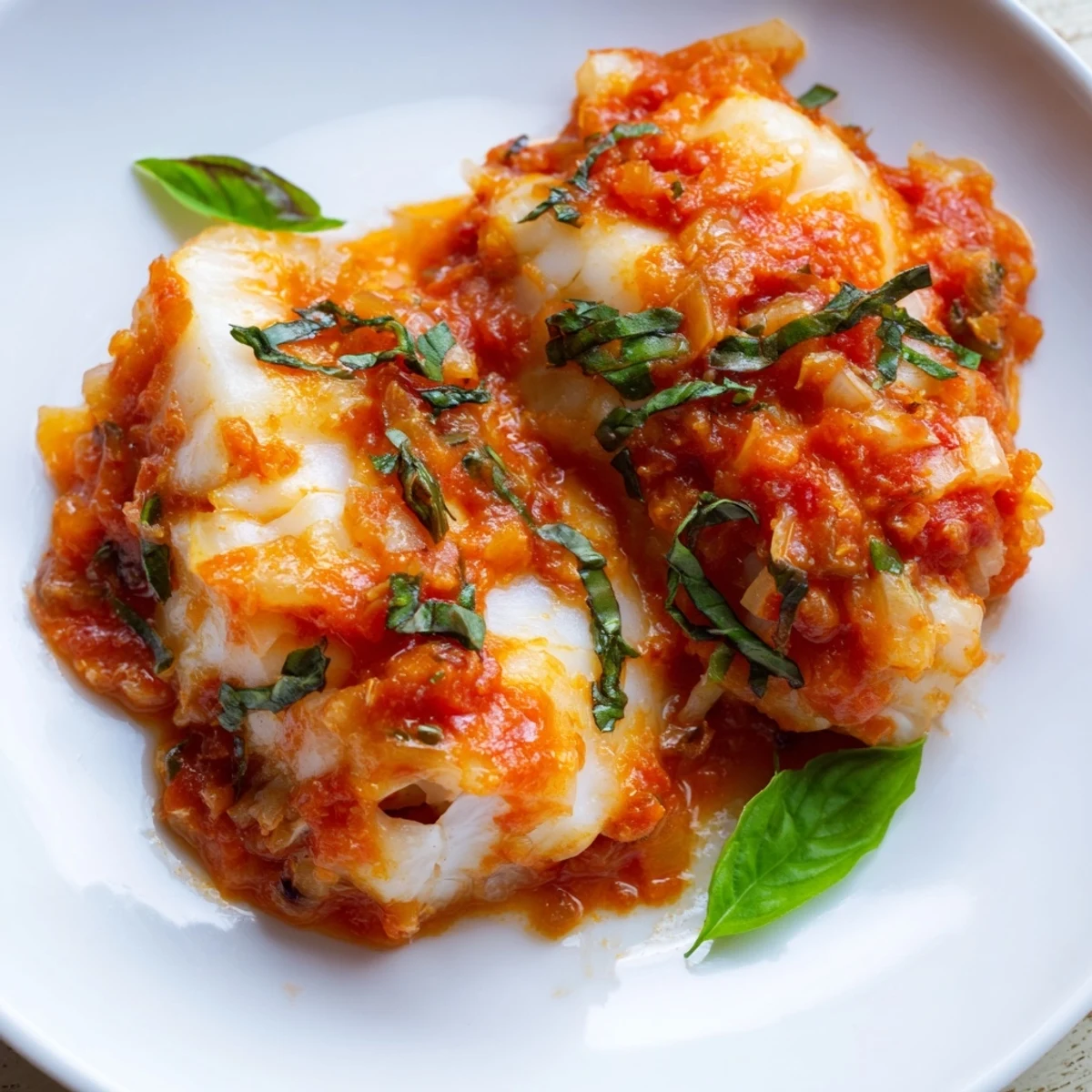 A close look at Baked Cod with Tomato Basil Sauce showing tender white fish and herbs.