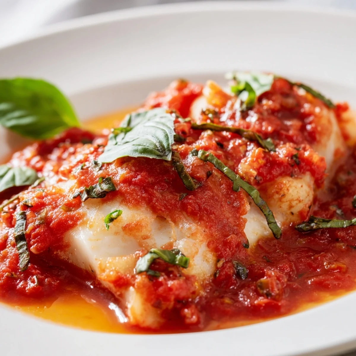 Baked Cod with Tomato Basil Sauce served with lemon wedges on a rustic plate.
