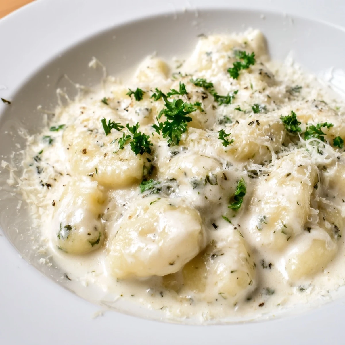A bowl of Creamy Garlic Parmesan Gnocchi topped with extra cheese and fresh herbs, ready to eat.