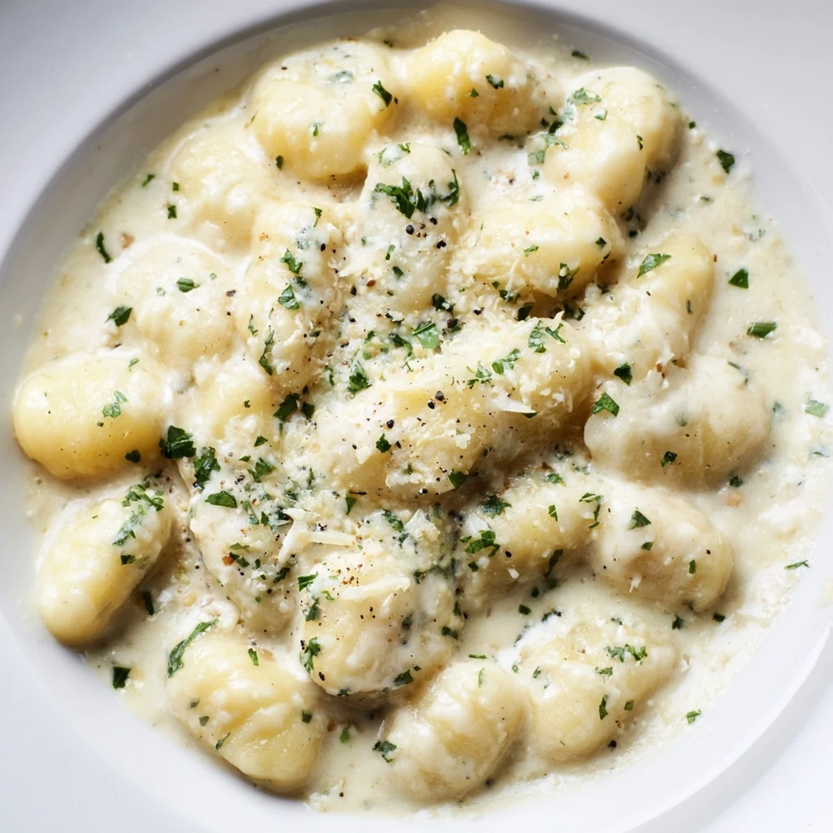 Creamy Garlic Parmesan Gnocchi in a skillet, garnished with parsley and served with white wine.