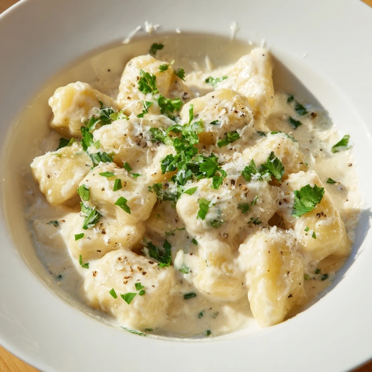 Close-up on Creamy Garlic Parmesan Gnocchi, fork-twisted pasta coated in rich, garlicky cream sauce.