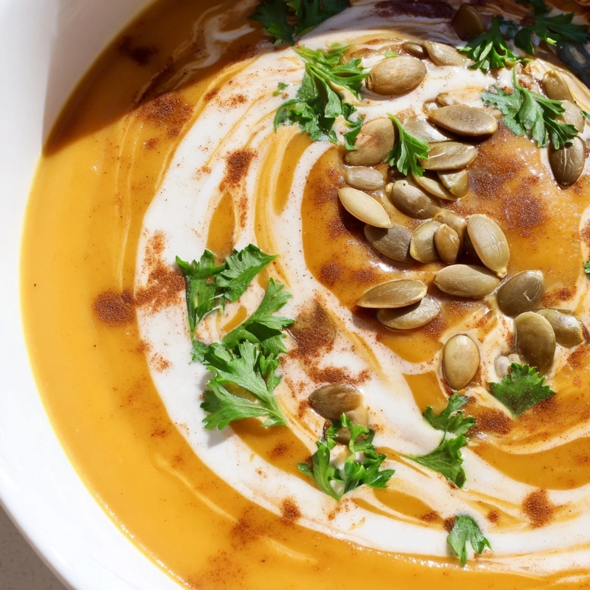 Close-up of velvety Winter Squash Soup with Apple, steam rising, surrounded by fresh ingredients and a sprinkle of cinnamon.