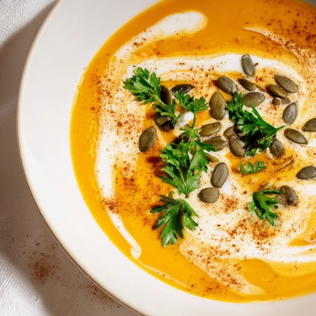 Creamy Winter Squash Soup with Apple in a rustic bowl, garnished with pumpkin seeds and parsley, perfect cozy comfort food.