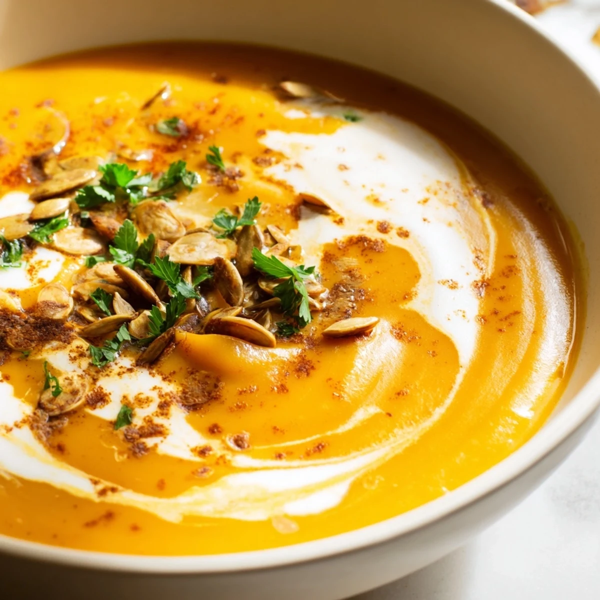 A warm bowl of Winter Squash Soup with Apple, paired with crusty bread on a cozy kitchen table, inviting fall meal.