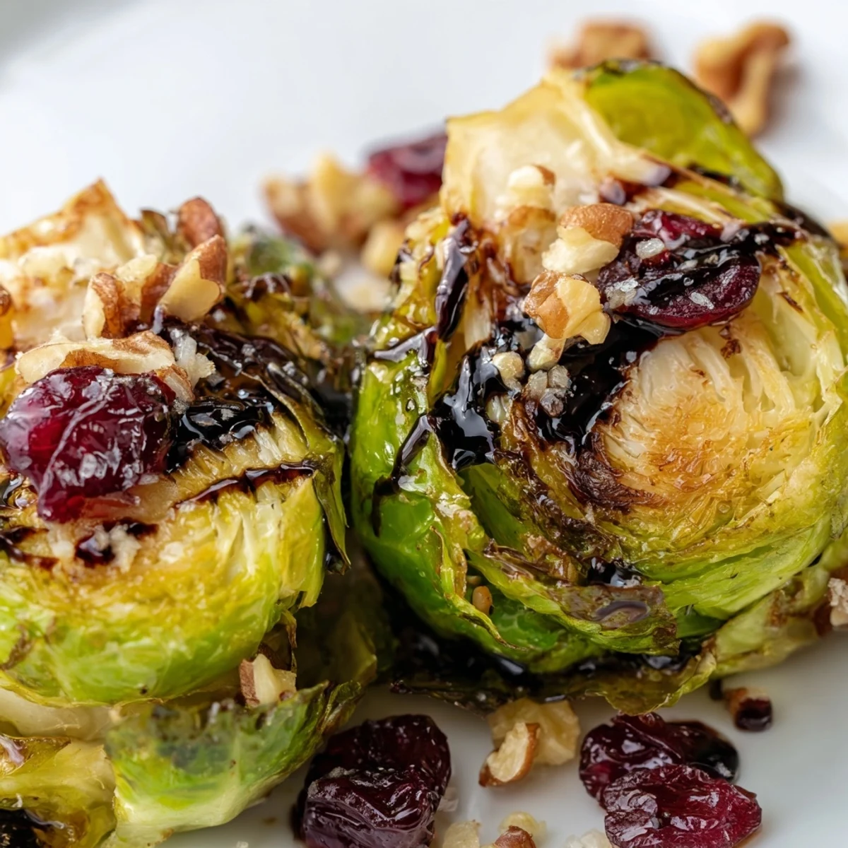 Golden, crispy Roasted Brussels Sprouts with Cranberries are garnished with chopped pecans and drizzled with balsamic glaze on a white plate.