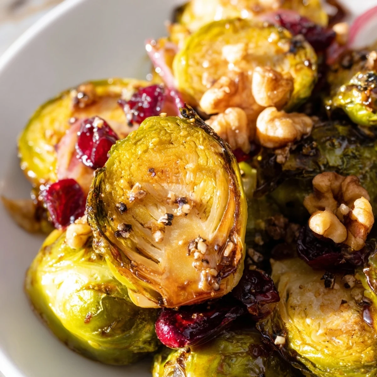 Roasted Brussels Sprouts with Cranberries are tossed with sweet red onion slices and served warm as a festive holiday side dish.