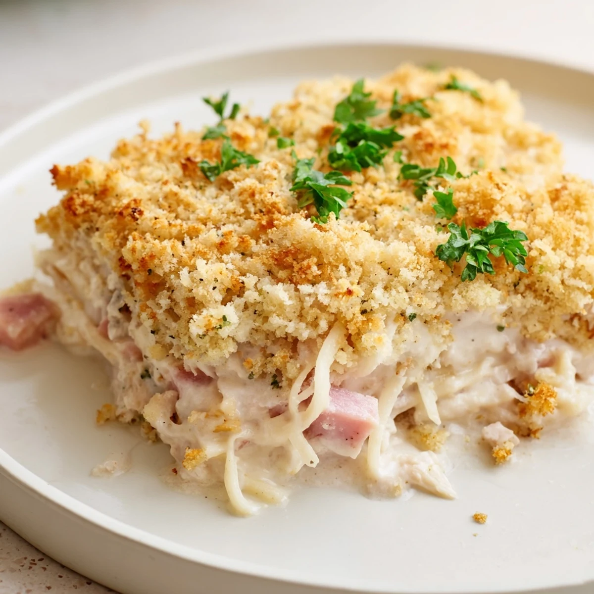 Golden, bubbling Chicken Cordon Bleu Casserole fresh from the oven, topped with buttery panko crumbs and fresh parsley.