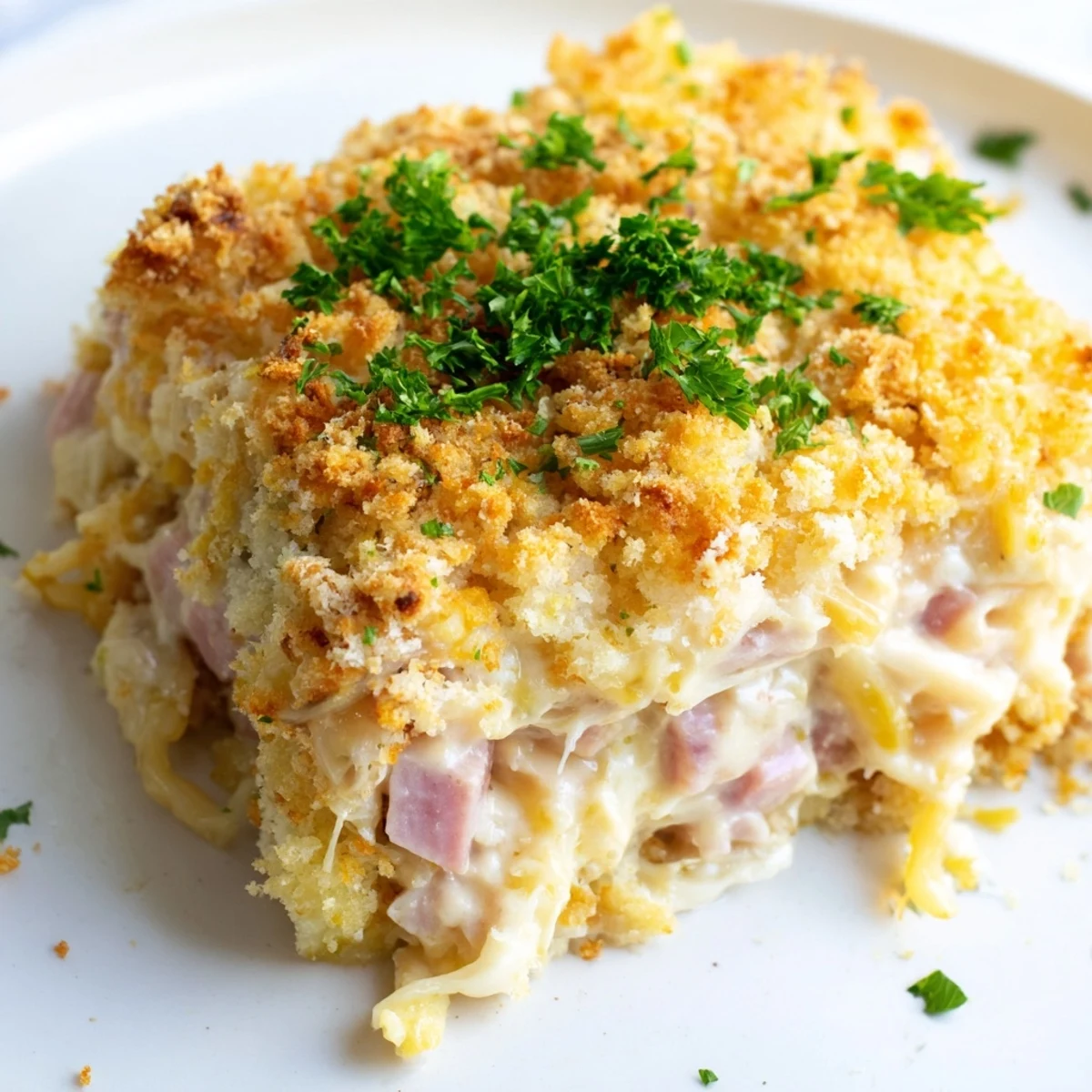 Sliced portions of Chicken Cordon Bleu Casserole served on white plates, a comforting dinner for a family of six.