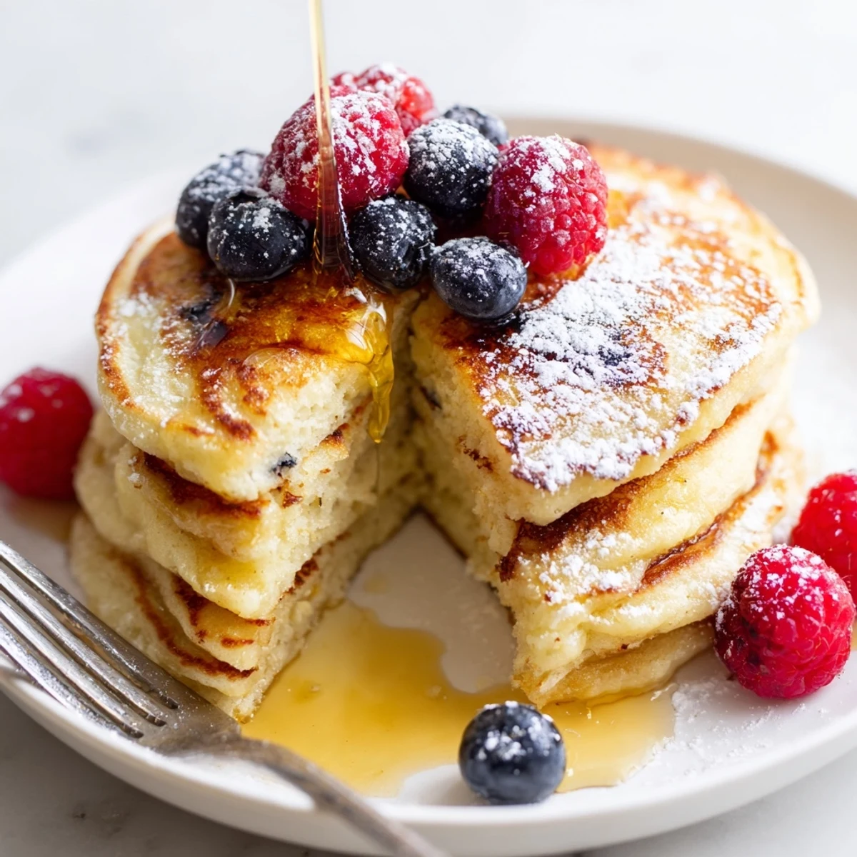 Golden-brown Lemon Ricotta Pancakes topped with blueberries and a dusting of powdered sugar.