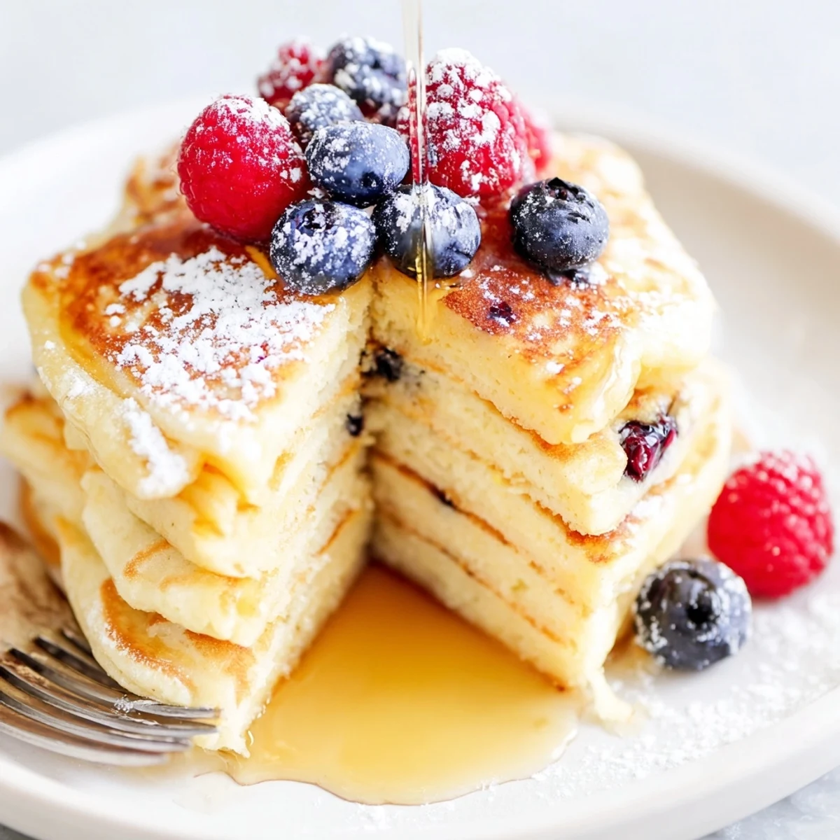 Freshly cooked Lemon Ricotta Pancakes with syrup being poured over a fluffy stack.