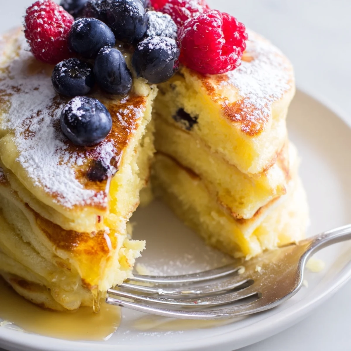 Homemade Lemon Ricotta Pancakes served on a plate with a side of warm maple syrup.
