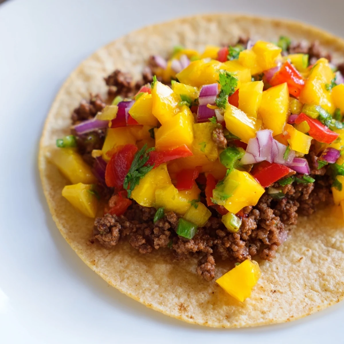 Golden brown spicy beef nestled in warm corn tortillas, generously topped with vibrant mango salsa and fresh cilantro.