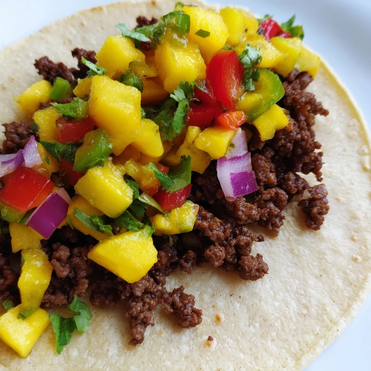 Homemade Spicy Beef Tacos with Mango Salsa featuring juicy beef filling, fresh diced mango, and jalapeño on soft tortillas.