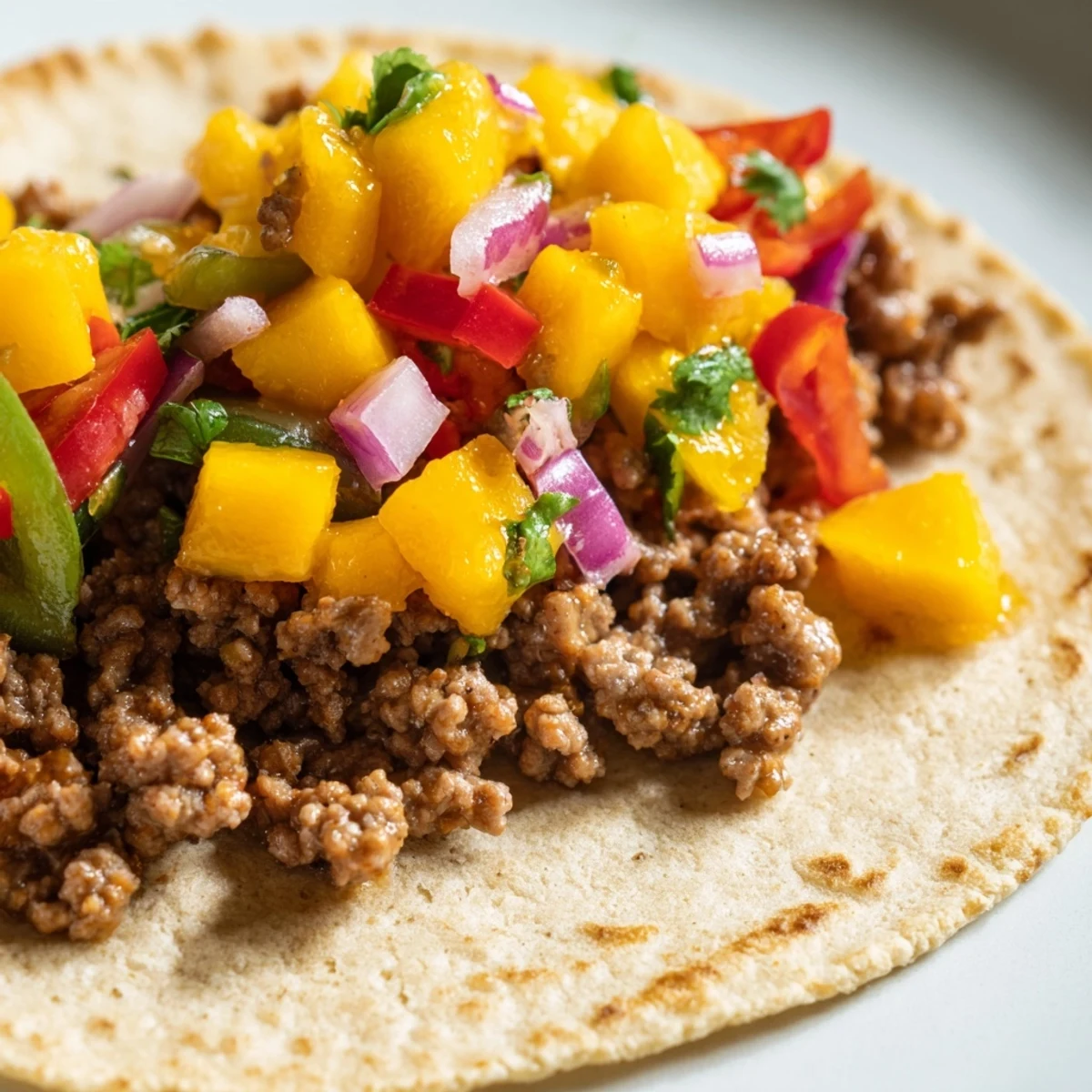Perfectly assembled Spicy Beef Tacos with Mango Salsa ready to serve, garnished with lime wedges for a bright squeeze.