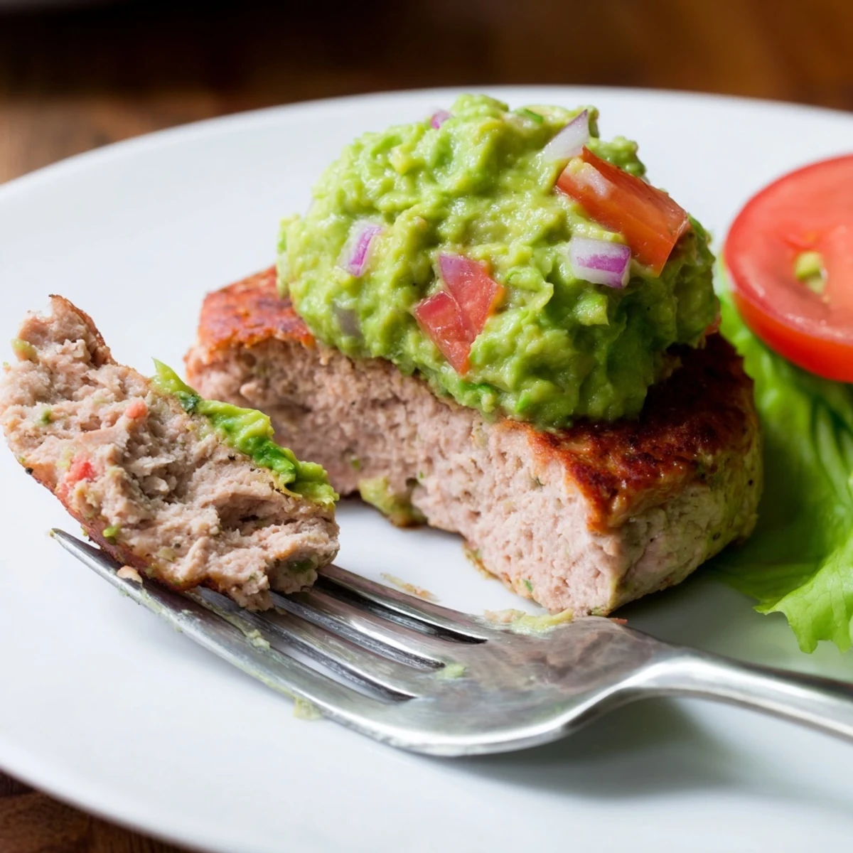 Juicy turkey burger with guacamole, garnished with cilantro on a toasted bun beside fresh lime wedges.