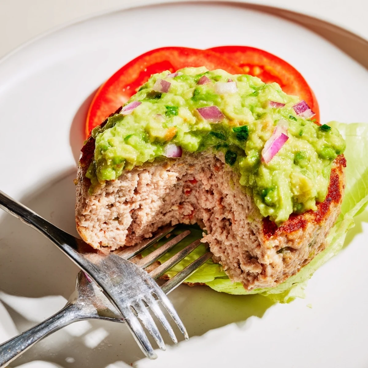 Sizzling patty of turkey burger with guacamole melting over golden-brown beef, ready to serve with fries.