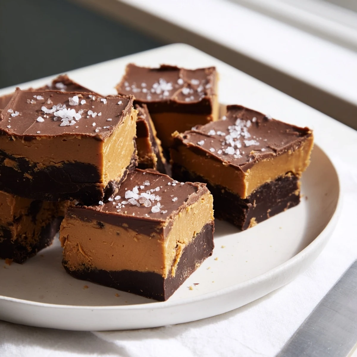 Close-up of homemade Chocolate Peanut Butter Fudge squares layered on a rustic wooden cutting board.