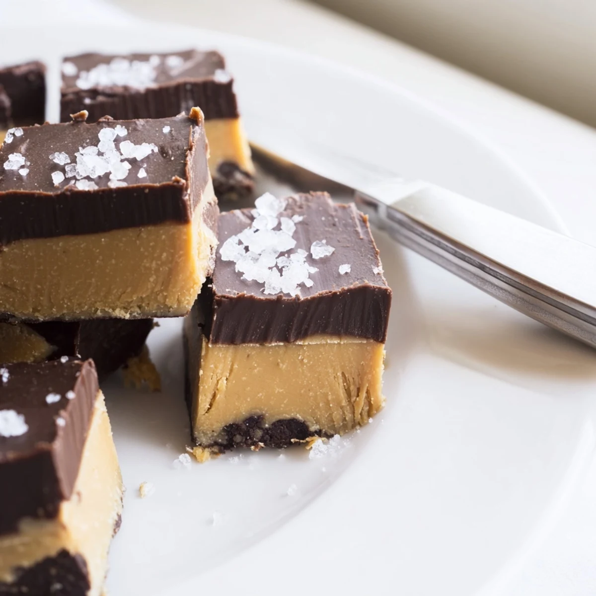 Rich Chocolate Peanut Butter Fudge squares stacked on a white ceramic plate with a glass of milk.
