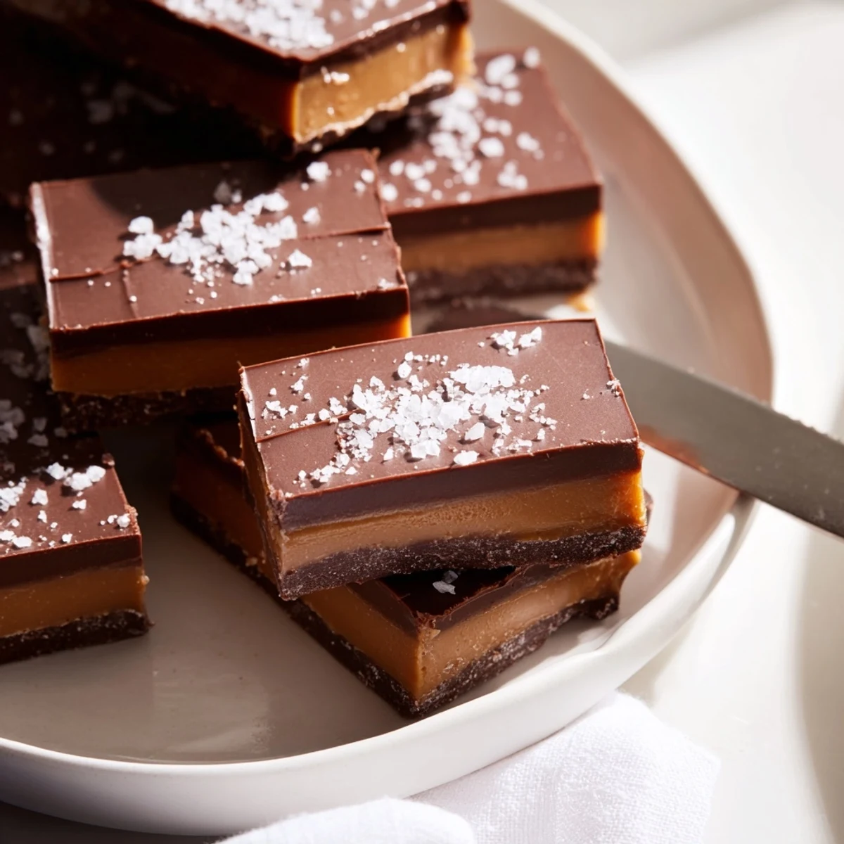Smooth Chocolate Peanut Butter Fudge pieces garnished with chopped peanuts and flaky sea salt on a marble slab.