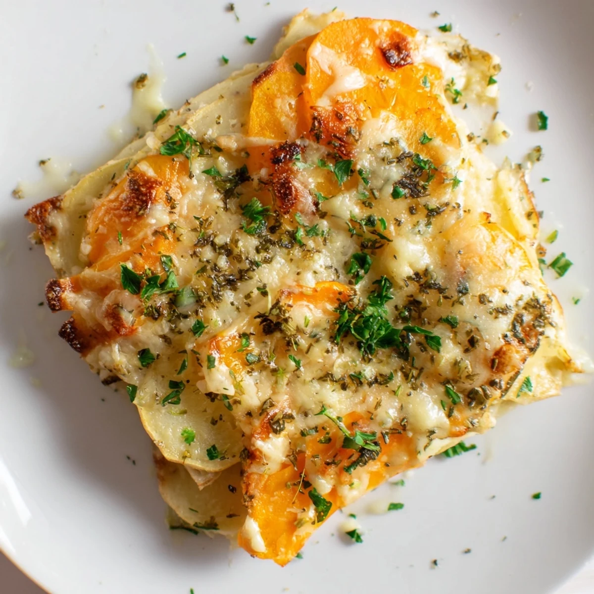 A freshly baked Winter Vegetable Gratin with Gruyere, its crisp, golden crust contrasting with tender layers of carrots, parsnips, and celeriac.